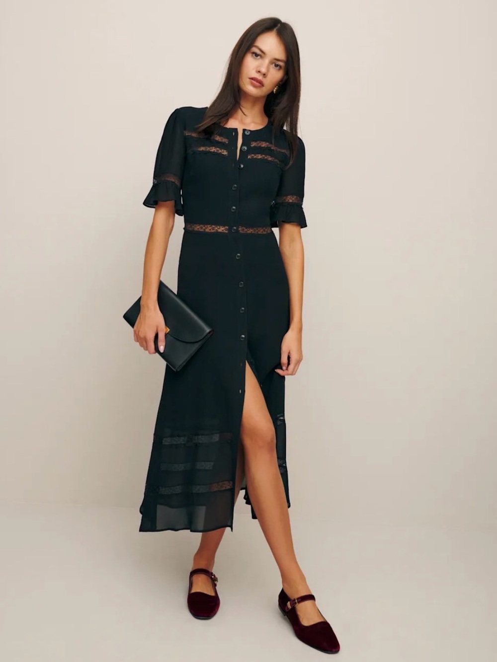 NWT! Reformation Woodson Dress Black Button-Front Midi